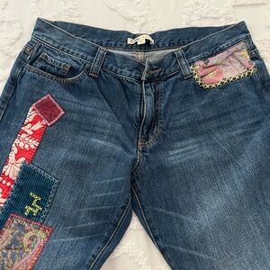 CAbi Blue Boyfriend Jeans with Colorful Patches
